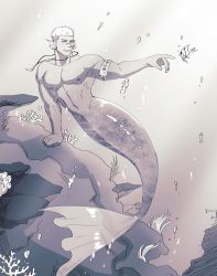 Rule 34 | 1boy, abs, bara, completely nude, fins, fish, fle0423, full body, head fins, highres, index finger raised, jewelry, large pectorals, male focus, merman, monster boy, multicolored hair, muscular, muscular male, navel, necklace, nipples, nude, original, pectorals, short hair, smile, solo, stomach, tooth necklace, two-tone hair, undercut, underwater