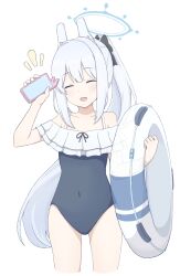 Rule 34 | 1girl, absurdres, animal ears, bare arms, bare legs, bare shoulders, black one-piece swimsuit, blue archive, blush, cellphone, closed eyes, covered navel, facing viewer, fake animal ears, frilled one-piece swimsuit, frills, grey hair, highres, holding, holding phone, iddoraemon, innertube, long hair, miyako (blue archive), miyako (swimsuit) (blue archive), off-shoulder one-piece swimsuit, off shoulder, official alternate costume, one-piece swimsuit, open mouth, phone, ponytail, rabbit ears, simple background, smartphone, solo, swim ring, swimsuit, white background