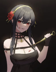 Rule 34 | 1girl, absurdres, bare shoulders, black background, black dress, black hair, blood, blood on breasts, blood on face, bloody weapon, breasts, choker, cleavage, dagger, dress, earrings, flower, hairband, half-closed eyes, halu u, highres, holding, holding weapon, jewelry, knife, large breasts, looking at viewer, red eyes, red flower, red rose, rose, sidelocks, simple background, smile, spy x family, upper body, weapon, yor briar