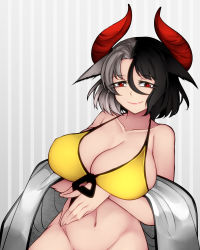Rule 34 | 1girl, animal ears, aoshima, bare shoulders, bikini, bikini top only, black hair, bottomless, breasts, cleavage, commentary request, cow ears, cow horns, grey background, grey hair, groin, hair between eyes, halterneck, haori, highres, horns, japanese clothes, large breasts, looking at viewer, multicolored hair, navel, off shoulder, out-of-frame censoring, pink lips, red eyes, short hair, smile, smug, solo, split-color hair, stomach, striped, striped background, swimsuit, touhou, two-tone hair, upper body, ushizaki urumi, vertical stripes, yellow bikini