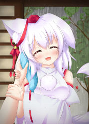 Rule 34 | 1girl, absurdres, animal ears, bare shoulders, bell, blush, breasts, darktrified, detached sleeves, closed eyes, hat, highres, inubashiri momiji, large breasts, open mouth, out of frame, pom pom (clothes), pov, rain, ribbon, short hair, silver hair, smile, solo focus, tail, tokin hat, touhou, tree, wolf ears, wolf tail