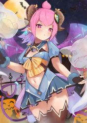 Rule 34 | 1girl, :o, ahoge, black gloves, blue dress, blush, bow, brown bow, brown thighhighs, curled horns, dress, fence, fingerless gloves, full moon, gloves, gradient hair, gradient wings, hair ornament, heart, heart hair ornament, highres, horns, jack-o&#039;-lantern, kobi (piliheros2000), looking at viewer, moon, multicolored hair, multicolored wings, navel, night, night sky, original, outdoors, parted lips, pink hair, pink wings, pleated dress, puffy short sleeves, puffy sleeves, purple hair, purple wings, short sleeves, sky, solo, striped, striped bow, thighhighs, wings