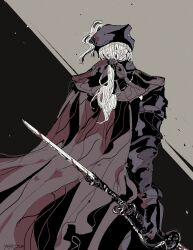 Rule 34 | 1girl, absurdres, black cape, blood, blood on clothes, bloodborne, cape, coat, double-blade, from behind, hat, hat feather, highres, lady maria of the astral clocktower, low ponytail, rakuyo (bloodborne), tricorne, white hair, yoshino (cmkots)