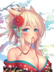 Rule 34 | 1girl, animal ears, bad id, bad pixiv id, blonde hair, blue eyes, breasts, cat ears, cleavage, collarbone, final fantasy, final fantasy xiv, flower, hair flower, hair ornament, large breasts, looking at viewer, miqo&#039;te, mouth hold, short hair, solo, tiphereth, upper body
