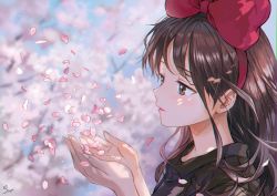Rule 34 | 1girl, black dress, blue sky, blurry, blurry background, bow, brown eyes, brown hair, cherry blossoms, closed mouth, day, dress, flower, hair bow, kiki (majo no takkyuubin), long hair, majo no takkyuubin, own hands together, petals, red bow, saya (mychristian2), signature, sky, solo, tree
