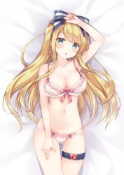 Rule 34 | 1girl, aqua eyes, arm up, armpits, bare arms, bare shoulders, bed sheet, blonde hair, bow, bow bra, bra, breasts, chestnut mouth, cleavage, collarbone, emu alice, frilled bra, frills, gluteal fold, gomano rio, hair bow, heart, highres, large breasts, lingerie, liver city, long hair, looking at viewer, lying, navel, on back, panties, parted lips, sidelocks, solo, stomach, thigh strap, underwear, underwear only, white bra, white panties