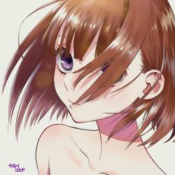 Rule 34 | 1girl, bare shoulders, bob cut, brown hair, close-up, closed mouth, collarbone, commentary request, eyebrows hidden by hair, hair behind ear, hair over one eye, highres, lipgloss, looking at viewer, original, purple eyes, short hair, simple background, solo, white background, wind, yubi kamii