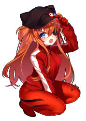 Rule 34 | 10s, 1girl, :o, absurdres, adjusting clothes, adjusting headwear, animal ears, animal hat, badge, between legs, black hat, blue eyes, blush, bodysuit, breasts, button badge, cabbie hat, cat ears, cat hat, evangelion: 3.0 you can (not) redo, eyepatch, fake animal ears, fang, from side, full body, gendo0032, gendo0033, gloves, hair between eyes, hand between legs, hand up, hat, hat ornament, highres, jacket, long hair, long sleeves, looking at viewer, neon genesis evangelion, open mouth, orange hair, pilot suit, plugsuit, rebuild of evangelion, red jacket, sidelocks, signature, simple background, single vertical stripe, skull print, sleeves past wrists, small breasts, solo, souryuu asuka langley, squatting, tape, track jacket, turtleneck, two side up, very long hair, white background
