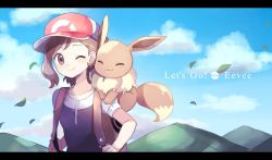 Rule 34 | 1girl, :3, backpack, bad id, bad pixiv id, bag, baseball cap, black shirt, blue sky, blush, brown eyes, brown hair, closed mouth, cloud, collarbone, copyright name, creatures (company), day, eevee, elaine (pokemon), english text, female focus, flat chest, game freak, gen 1 pokemon, happy, hat, leaf, light blush, looking at viewer, mei (maysroom), mountain, nintendo, one eye closed, outdoors, poke ball symbol, poke ball theme, pokemon, pokemon (creature), pokemon lgpe, red headwear, shirt, short hair, short sleeves, sky, smile, standing, upper body, wink