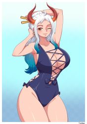 Rule 34 | 1girl, absurdres, artist name, blue hair, breasts, cleavage, collarbone, gradient hair, highres, horns, large breasts, long hair, multicolored hair, one-piece swimsuit, one eye closed, one piece, red eyes, simmsy, solo, swimsuit, thighs, white hair, wink, yamato (one piece)