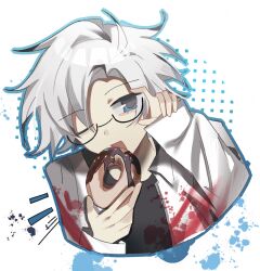 Rule 34 | 1boy, black shirt, blood, blood on clothes, blue eyes, chinese commentary, commentary request, doughnut, food, glasses, holding doughnut, kanou aogu, lab coat, long sleeves, male focus, one eye closed, open mouth, saibou shinkyoku, semi-rimless eyewear, shirt, short hair, smile, solo, tiegeban, white hair