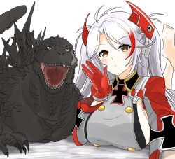 Rule 34 | 1girl, azur lane, barefoot, breasts, brown eyes, claws, gloves, godzilla, godzilla (series), godzilla minus one, hand up, highres, ibuki (tulta icon), large breasts, long hair, long sleeves, looking at viewer, monster, prinz eugen (azur lane), puffy long sleeves, puffy sleeves, red gloves, striped hair, tail, twintails, white hair