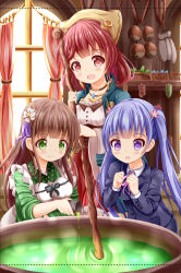 Rule 34 | 3girls, :d, :o, ama usa an uniform, apron, atelier (series), atelier sophie, blunt bangs, blush, breasts, brown hair, cauldron, closed mouth, commentary request, crossover, cup, curtains, flower, formal, gochuumon wa usagi desu ka?, green eyes, green kimono, green tea, hair flower, hair ornament, highres, indoors, japanese clothes, jewelry, kimono, light purple hair, long hair, long sleeves, looking at viewer, maid apron, medium breasts, multiple crossover, multiple girls, necklace, new game!, open mouth, paper, pink flower, polka dot trim, purple eyes, purple ribbon, red eyes, red hair, ribbon, short hair, small breasts, smile, sophie neuenmuller, spilling, staff, striped clothes, striped kimono, suit, suzukaze aoba, tea, twintails, ujimatsu chiya, white apron, white flower, wide sleeves, window, xenon (for achieve), yunomi