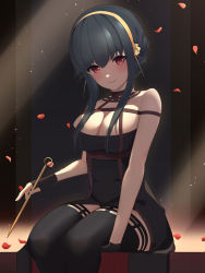 Rule 34 | 1girl, bad id, bad pixiv id, bare shoulders, black dress, black gloves, black hair, black thighhighs, blush, breasts, cleavage, closed mouth, dagger, dark background, dress, feet out of frame, fingerless gloves, gloves, hairband, highres, holding, holding weapon, knife, large breasts, light rays, looking at viewer, petals, red eyes, short dress, short hair with long locks, sidelocks, sleeveless, sleeveless dress, smile, solo, spy x family, thighhighs, tokutokenzen, weapon, yellow hairband, yor briar