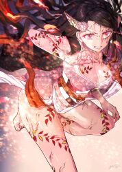 Rule 34 | 1girl, aged up, barefoot, black hair, breasts, cleavage, clenched teeth, commentary request, demon girl, demon horns, eyelashes, fiery hair, fighting stance, fingernails, fire, floating hair, hair ribbon, hand up, highres, horns, japanese clothes, kamado nezuko, kimetsu no yaiba, kimono, large breasts, leaf tattoo, leaning forward, long fingernails, long hair, looking at viewer, nose, paid reward available, parted bangs, pink hair, pink kimono, pink ribbon, ribbon, rincha (rinrinrincha), sharp fingernails, signature, sleeveless, sleeveless kimono, slit pupils, solo, standing, standing on one leg, teeth, thighs, upturned eyes, veins, veiny arms, veiny face, veiny thighs, very long hair