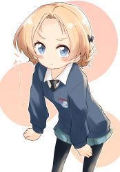 Rule 34 | 1girl, :t, barashiya, black bow, black necktie, black pantyhose, blue eyes, blue skirt, blue sweater, blush stickers, bow, braid, clenched hands, closed mouth, commentary, dress shirt, emblem, frown, girls und panzer, hair bow, highres, leaning forward, long sleeves, looking at viewer, miniskirt, necktie, orange hair, orange pekoe (girls und panzer), outline, pantyhose, parted bangs, pleated skirt, pout, school uniform, shirt, short hair, skirt, solo, st. gloriana&#039;s (emblem), st. gloriana&#039;s school uniform, standing, sweater, translated, twin braids, v-neck, white outline, white shirt, wing collar