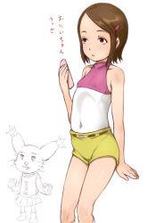 Rule 34 | 1girl, animal ears, brown eyes, brown hair, cat ears, closed mouth, digimon, digimon (creature), digimon adventure 02, e10, feet, hair ornament, hairclip, jewelry, looking at viewer, necklace, short hair, shorts, simple background, skirt, smile, tailmon, white background, yagami hikari