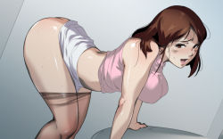 Rule 34 | 1girl, all fours, arched back, ass, bare arms, bare shoulders, breasts, brown eyes, brown hair, clothes lift, highres, ishidaya, large breasts, legs, looking at viewer, midriff, no panties, open mouth, original, pantyhose, short hair, simple background, skirt, skirt lift, sleeveless, sleeveless turtleneck, solo, thighs, turtleneck, white skirt