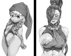 Rule 34 | 1girl, blunt bangs, braid, breasts, cowboy shot, dragon quest, dragon quest xi, greyscale, hair over one eye, highres, kei (bekei), large areolae, martina (dq11), monochrome, nipples, one breast out, ponytail, purple eyes, purple hair, revealing clothes, simple background, thighs, twin braids, veronica (dq11), white background