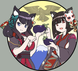 Rule 34 | 2girls, animal ears, azur lane, bird, bow, breasts, brown eyes, brown hair, cat ears, cleavage, cleavage cutout, clothing cutout, commentary request, eagle, eggplant, fang, fangs, food, fusou (azur lane), grey eyes, hair bow, hair ornament, holding, holding food, holding vegetable, japanese clothes, kimono, large breasts, long hair, long sleeves, mask, mask on head, mizuki hitoshi, mount fuji, mountain, multiple girls, paw pose, short hair, sidelocks, smile, vegetable, wide sleeves, yamashiro (azur lane)