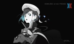Rule 34 | 1girl, artist name, beret, black background, blue eyes, blue hair, copyright name, darling in the franxx, hair ornament, hairclip, hat, ichigo (darling in the franxx), jacket, logo, long sleeves, looking at viewer, monochrome, open mouth, short hair, simple background, solo, uniform, upper body, zzl