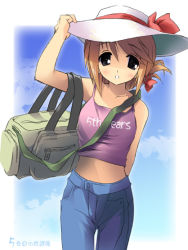 Rule 34 | 00s, 1girl, bag, camisole, clothes writing, cowboy shot, denim, folded ponytail, hair ornament, hairclip, hat, jeans, kantoku, komaki manaka, midriff, pants, solo, suitcase, to heart (series), to heart 2
