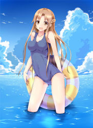 Rule 34 | 10s, 1girl, :o, asuna (sao), blonde hair, bouncing breasts, braid, breasts, brown eyes, brown hair, cameltoe, cloud, collarbone, covered erect nipples, day, half updo, highres, horizon, innertube, long hair, looking at viewer, maki (makidai2024), medium breasts, ocean, one-piece swimsuit, open mouth, perky breasts, school swimsuit, sky, solo, standing, swim ring, swimsuit, sword art online, very long hair, wading, water, wet, yellow eyes