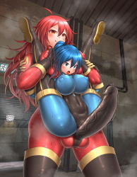 Rule 34 | 1futa, 1girl, absurdres, black gloves, blue bodysuit, blue eyes, blue hair, blush, bodysuit, boots, breasts, bulge, carrying, clitoris, covered erect nipples, covered testicles, domination, dominatrix, dress, erect clitoris, erection, erection under clothes, factory, full body, full nelson, futa with female, futanari, gloves, highres, huge penis, large breasts, latex, latex bodysuit, latex boots, latex dress, latex gloves, latex legwear, latex suit, long hair, looking at penis, messy hair, multiple girls, nipples, open mouth, penis, peprepme, ponytail, pussy, pyro (tf2), red bodysuit, red eyes, red hair, skin tight, skin tight, skin tight, smile, team fortress, team fortress 2, testicles, thick thighs, thighhighs, thighs, tongue, tongue out, uncensored, vaginal, wavy hair