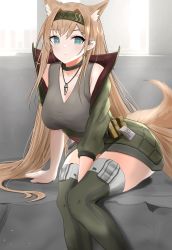 Rule 34 | 1girl, absurdres, animal ears, arknights, backlighting, bare shoulders, blonde hair, blue eyes, boots, bottomless, breasts, bright pupils, brown footwear, brown hairband, closed mouth, extra ears, green jacket, grey shirt, hairband, highres, horn (arknights), jacket, jewelry, large breasts, long hair, long sleeves, looking at viewer, necklace, open clothes, open jacket, shirt, sitting, smile, solo, sora mame (princess 0sora), tail, tank top, thigh boots, very long hair, wolf ears, wolf girl, wolf tail