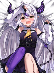 Rule 34 | 1girl, arm up, asymmetrical legwear, bare shoulders, bed sheet, belt, blush, braid, braided bangs, demon girl, demon horns, detached sleeves, dress, highres, hololive, horns, la+ darknesss, long hair, looking at viewer, mi taro333, multicolored hair, on bed, open mouth, pointy ears, purple dress, purple hair, purple legwear, ribbon, scared, silver hair, solo, streaked hair, tail, tearing up, thighs, trembling, very long hair, virtual youtuber, yellow eyes