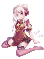 Rule 34 | 1girl, bow, braid, braided bun, character name, double bun, dress, fang, full body, hair bow, hair bun, highres, himehina channel, kuroyume (96061617), looking at viewer, open mouth, pelvic curtain, pink eyes, pink thighhighs, puffy short sleeves, puffy sleeves, purple eyes, red bow, red dress, short sleeves, simple background, sitting, skin fang, solo, tanaka hime, thighhighs, virtual youtuber, wariza, white background