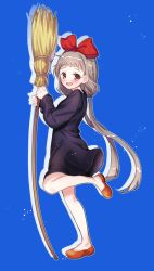 Rule 34 | 1girl, :d, bad id, bad pixiv id, black dress, blue background, blush, bow, broom, brown footwear, brown hair, cosplay, dress, hair bow, hands up, holding, holding broom, kiki (majo no takkyuubin), kiki (majo no takkyuubin) (cosplay), long hair, long sleeves, looking at viewer, looking to the side, low twintails, open mouth, original, paraffin, red bow, red eyes, round teeth, shadow, shoes, short dress, smile, solo, standing, standing on one leg, teeth, twintails, upper teeth only, very long hair