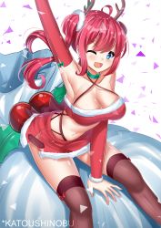 Rule 34 | 1girl, :d, antlers, azur lane, bare shoulders, black thighhighs, blue eyes, blush, bow, breasts, cleavage, crop top, dress, highres, horns, katou shinobu, large breasts, long hair, looking at viewer, one eye closed, open mouth, red dress, red hair, red skirt, reindeer antlers, san diego (azur lane), san diego (sandy claus) (azur lane), santa costume, sitting, skirt, smile, solo, thighhighs, twintails, white background
