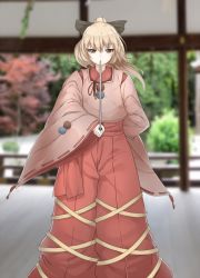 Rule 34 | 1girl, alternate costume, architecture, arm behind back, blonde hair, bow, brown eyes, east asian architecture, eiri (eirri), hair bow, hakama, hakama skirt, holding, holding sword, holding weapon, japanese clothes, kariginu, kurodani yamame, layered clothes, long sleeves, pom pom (clothes), ponytail, railing, ribbon-trimmed sleeves, ribbon trim, short hair, skirt, solo, standing, sword, touhou, tree, weapon, wide sleeves