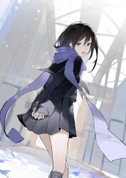 Rule 34 | 1girl, :d, absurdres, black hair, black socks, commentary, from behind, hair between eyes, highres, long sleeves, looking at viewer, looking back, mo011010, open mouth, original, pleated skirt, scarf, school uniform, serafuku, skirt, smile, socks, solo, standing, symbol-only commentary