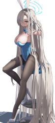 Rule 34 | 1girl, absurdly long hair, animal ears, asuna (blue archive), asuna (bunny) (blue archive), bare shoulders, blue archive, blue bow, blue bowtie, blue eyes, blue leotard, blue ribbon, bow, bowtie, breasts, brown hair, brown pantyhose, cleavage, detached collar, eyes visible through hair, fake animal ears, gloves, hair over one eye, hair ribbon, halo, highres, large breasts, leotard, long hair, looking at viewer, namaonpa, official alternate costume, pantyhose, playboy bunny, rabbit ears, ribbon, shoes, simple background, sitting, smile, solo, very long hair, white background, white footwear, white gloves