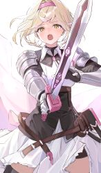 Rule 34 | 1girl, absurdres, armor, armored dress, belt pouch, blonde hair, collared dress, commentary request, cowboy shot, djeeta (granblue fantasy), dress, gauntlets, granblue fantasy, hairband, highres, holding, holding sword, holding weapon, looking at viewer, medium hair, open mouth, pauldrons, pink hairband, pouch, rebelwear (granblue fantasy), shiro wa (shiroshironix), shoulder armor, solo, sword, weapon, white dress, yellow eyes