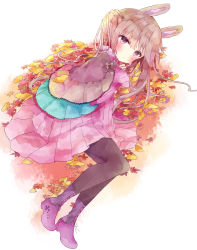 Rule 34 | 1girl, absurdres, animal ears, autumn leaves, bad id, bad pixiv id, black pantyhose, blush, boots, bow, brown bow, brown capelet, brown eyes, brown hair, capelet, closed mouth, commentary, dress, full body, ginkgo leaf, hair between eyes, hand up, highres, leaf, long hair, long sleeves, looking at viewer, lying, maple leaf, on side, original, pantyhose, pleated dress, purple dress, purple footwear, rabbit ears, short eyebrows, sleeves past wrists, solo, symbol-only commentary, thick eyebrows, tsukiyo (skymint), twintails, very long hair