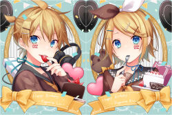 Rule 34 | 1boy, 1girl, black sailor collar, blonde hair, blue background, blue eyes, blush, bow, box, brother and sister, brown shirt, cake, character name, chocolate cake, closed mouth, commentary, cropped torso, food, fork, fruit, gift, gift box, hair ornament, hair ribbon, hairclip, hands up, happy birthday, headphones, heart, highres, holding, holding food, holding fork, holding plate, kagamine len, kagamine rin, kuroi (liar-player), long sleeves, looking at viewer, parted lips, pennant, plate, ponytail, ribbon, sailor collar, school uniform, serafuku, shirt, siblings, sleeves past wrists, strawberry, string of flags, striped, striped background, teeth, twins, upper body, upper teeth only, vertical stripes, vocaloid, yellow bow