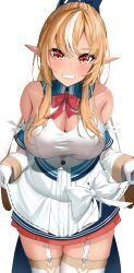 Rule 34 | 1girl, absurdres, blonde hair, blue bow, blush, bow, bowtie, breasts, cleavage, cleavage cutout, clothes lift, clothing cutout, commentary, cowboy shot, dark-skinned female, dark skin, detached sleeves, double-parted bangs, dress, dress lift, elf, fukuiii0110, garter straps, gloves, grin, hair bow, highres, hololive, large breasts, lifting own clothes, long hair, looking at viewer, miniskirt, multicolored hair, orange skirt, pointy ears, red bow, red bowtie, red eyes, shiranui flare, shiranui flare (1st costume), sidelocks, simple background, skindentation, skirt, skirt under dress, smile, solo, standing, streaked hair, teeth, thighhighs, two-tone hair, virtual youtuber, white background, white bow, white dress, white gloves, white hair, white thighhighs