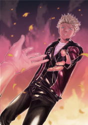 Rule 34 | 1boy, bad id, bad pixiv id, blonde hair, blue eyes, fire, jacket, jacky bryant, leather, leather jacket, male focus, outstretched hand, pants, pov, sakomae aichi, sega, solo focus, spiked hair, virtua fighter, virtua fighter 5