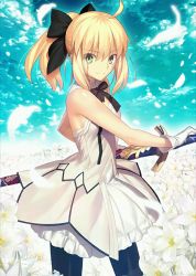 Rule 34 | 1girl, ahoge, artoria pendragon (all), artoria pendragon (fate), black ribbon, blonde hair, breasts, caliburn (fate), cleavage, cowboy shot, day, detached collar, dress, eyes visible through hair, fate/grand order, fate/stay night, fate/unlimited codes, fate (series), flower, green eyes, hair between eyes, hair ribbon, holding, holding sword, holding weapon, looking at viewer, official art, outdoors, pantyhose, resized, ribbon, saber (fate), saber lily, sheath, sheathed, sideboob, small breasts, smile, solo, standing, sword, takeuchi takashi, upscaled, waifu2x, weapon, white dress