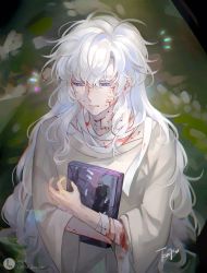 Rule 34 | 1boy, bandaged hand, bandages, bishounen, blood, blood on clothes, blue eyes, book, haidiwuli, highres, holding, holding book, i became a god in a horror game, jing feng, male focus, messy hair, solo, wavy hair, white hair