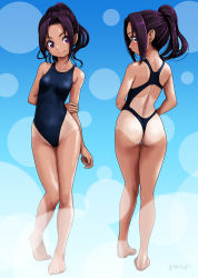 Rule 34 | 1girl, arms behind back, ass, barefoot, blue background, blue one-piece swimsuit, blush, collarbone, commentary request, competition swimsuit, covered navel, from behind, full body, gradient background, hair intakes, head tilt, highres, long hair, looking at viewer, looking back, multiple views, one-piece swimsuit, one-piece tan, one-piece thong, original, ponytail, purple eyes, purple hair, rohitsuka, signature, simple background, smile, solo focus, standing, swimsuit, tan, tanline, toes
