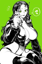 Rule 34 | 1girl, absurdres, blush, breasts, collarbone, egghead island, green background, green eyes, greyscale with colored background, highres, jacket, large breasts, long hair, long sleeves, looking at viewer, monochrome, navel, nico robin, nico robin (egghead), one piece, open mouth, revealing clothes, sitting, solo, tears, thighhighs, yotsumi shiro