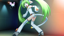 Rule 34 | &gt;:&lt;, 1girl, :&lt;, animal ears, armpits, ass, bare shoulders, bell, belt, bow, clenched hand, closed mouth, cowbell, detached sleeves, fin (phantom breaker), flat ass, flat chest, game cg, green eyes, green hair, hair bow, hair ornament, high heels, indoors, legs apart, leotard, long twintails, looking back, mauchuu, mouse ears, non-web source, open mouth, pet, phantom breaker, red eyes, robot, shoe soles, sidelocks, standing, star (symbol), star print, suzuhira hiro, tail, twintails, v-shaped eyebrows, white legwear, white leotard, aged down