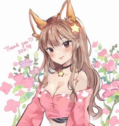 Rule 34 | 1girl, animal ears, annytf, anyuu, black choker, blush, breasts, brown eyes, brown hair, choker, cleavage, collarbone, commentary, crop top, english commentary, fox ears, hair ornament, highres, indie virtual youtuber, looking at viewer, medium breasts, milestone celebration, pink shirt, shirt, solo, star (symbol), star hair ornament, thank you, tongue, tongue out, upper body, virtual youtuber, white background