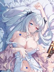 Rule 34 | 1girl, absurdres, arm up, armpits, azur lane, bare shoulders, blue flower, blue rose, book, breasts, cleavage, collarbone, dakimakura (medium), elbing (azur lane), elbing (sleepless night&#039;s wishes) (azur lane), flower, heterochromia, highres, jewelry, large breasts, long hair, lying, misheng liu yin, navel, necklace, nightgown, on bed, panties, petals, pillow, rose, rose petals, solo, twintails, underwear, white hair, white nightgown, white panties