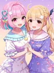 Rule 34 | 2girls, ahoge, blonde hair, blush, breast pocket, breasts, brown eyes, cleavage, dress, fang, frills, futaba anzu, gradient background, hair intakes, hair ornament, hair ribbon, heart, heart hair ornament, heart print, holding hands, idolmaster, idolmaster cinderella girls, idolmaster cinderella girls starlight stage, interlocked fingers, large breasts, long hair, looking at viewer, medium hair, multicolored hair, multiple girls, official alternate costume, open mouth, pink eyes, pink hair, pocket, puffy short sleeves, puffy sleeves, purple background, ribbon, sakura ran, short sleeves, side ahoge, smile, two-tone hair, white dress, x hair ornament, yumemi riamu