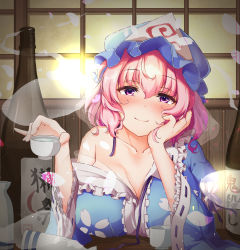 Rule 34 | 1girl, absurdres, backlighting, bare shoulders, blush, breasts, cleavage, cup, hand on own cheek, hand on own face, hat, highres, hira-san, holding, holding cup, large breasts, mob cap, off shoulder, pink eyes, pink hair, saigyouji yuyuko, short hair, smile, solo, sun, touhou, upper body, window